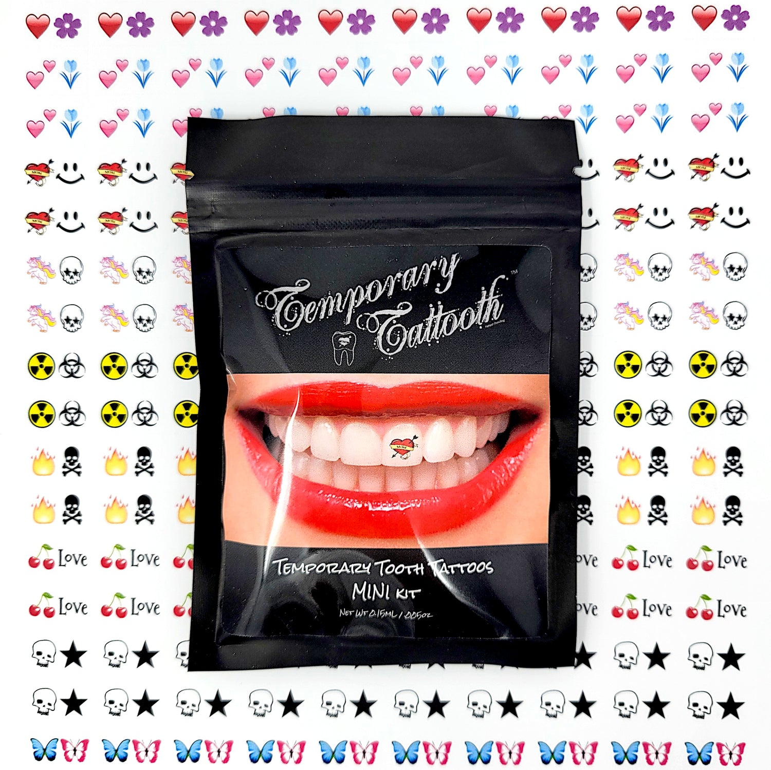 An image the front of a Temporary Tattooth MINI kit. The background shows the currently available designs for the kit. The Temporary Tattooth Mini kit allows you to apply temporary tooth tattoos at home.