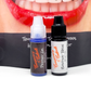 A photograph of Temporary Tattooth Priming gel on the left and Temporary Tattooth Bonding Resin on the right.  These are products used to apply Temporary Tooth Tattoos.