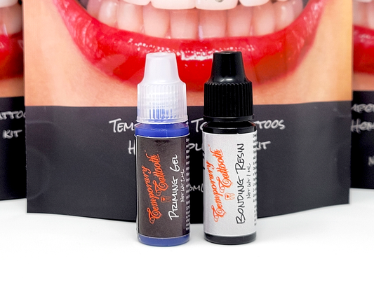 A photograph of Temporary Tattooth Priming gel on the left and Temporary Tattooth Bonding Resin on the right.  These are products used to apply Temporary Tooth Tattoos.