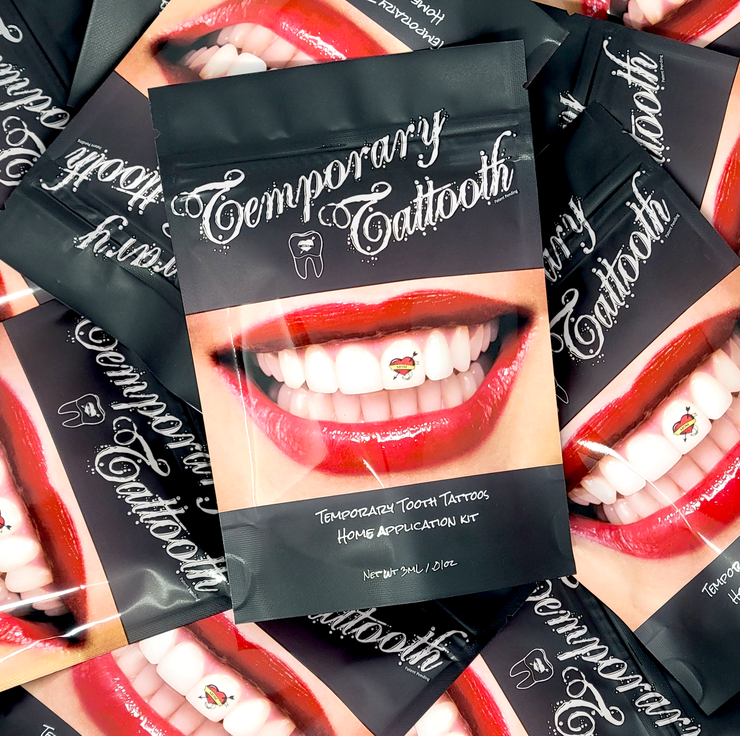 A Temporary Tooth Tattoo Home Application Kit.  People can apply Temporary Tattooths at home with this Tooth Tattoo kit!
