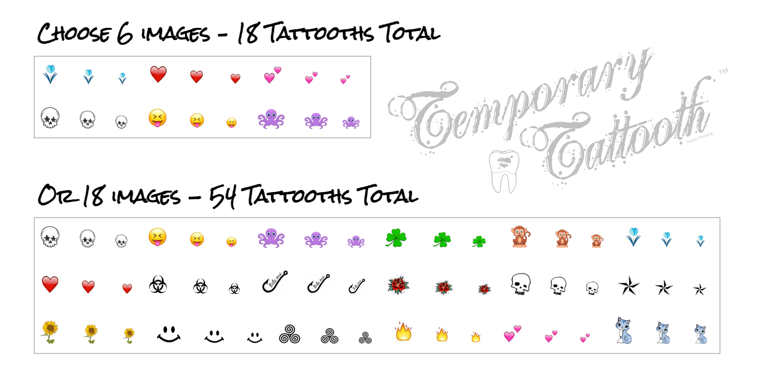 With the Temporary Tattooth Sheet Creator you can choose 6 or 18 different images to be created as Tooth Tattoos.  This image shows those two options of Temporary Tooth Tattoo Sheets.