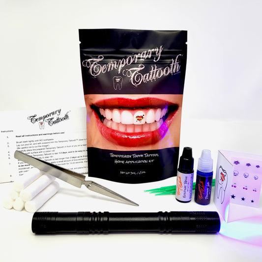 A photo of a complete Temporary Tattooth Home Application Kit. With this kit, you can apply Temporary Tooth Tattoos at home!