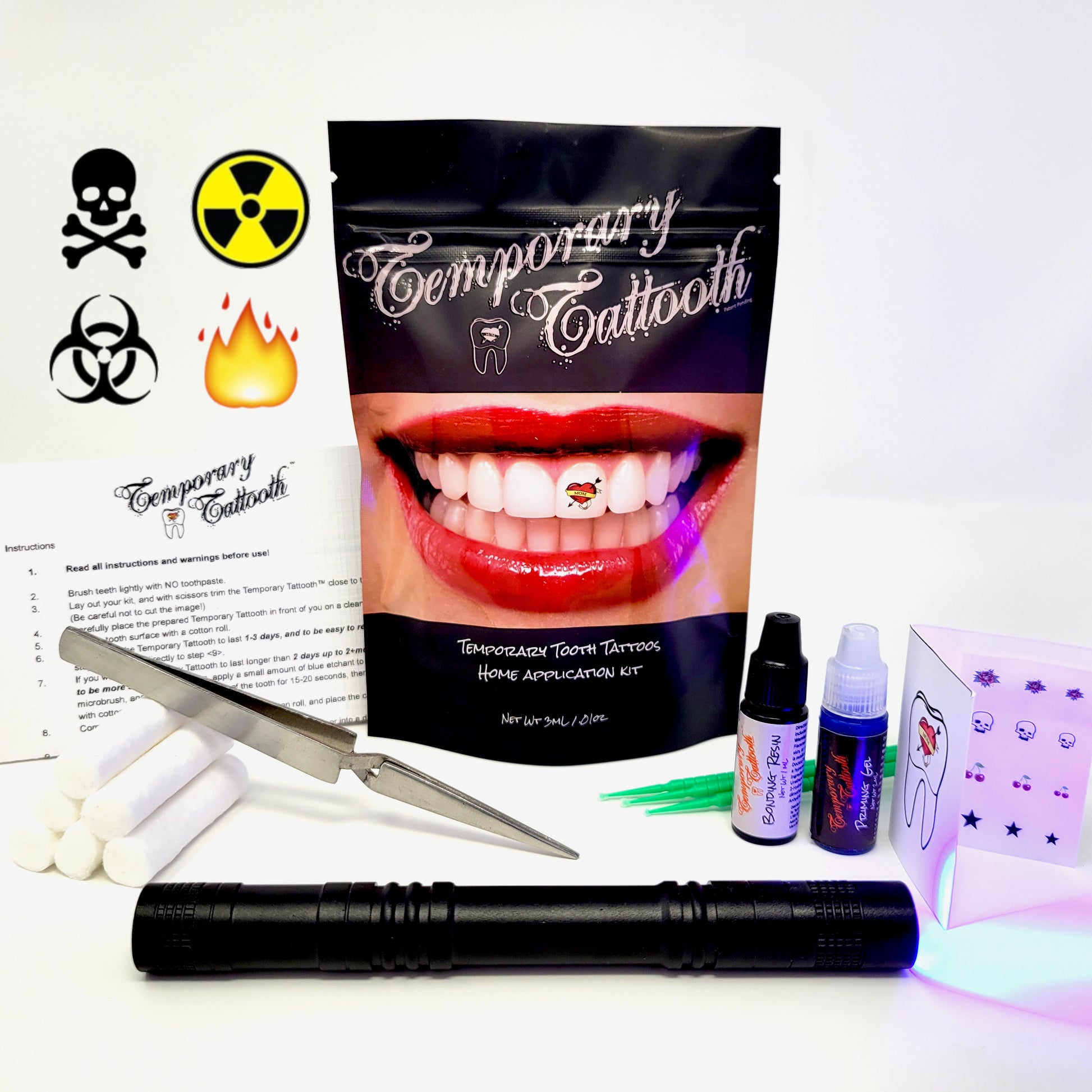 Temporary Tattooth Home Kit Skull Crossbones, Radioactive, Biohazard, Flame Option. These are images that can be applied as temporary tooth tattoos with the Temporary Tattooth Home Application Kit.