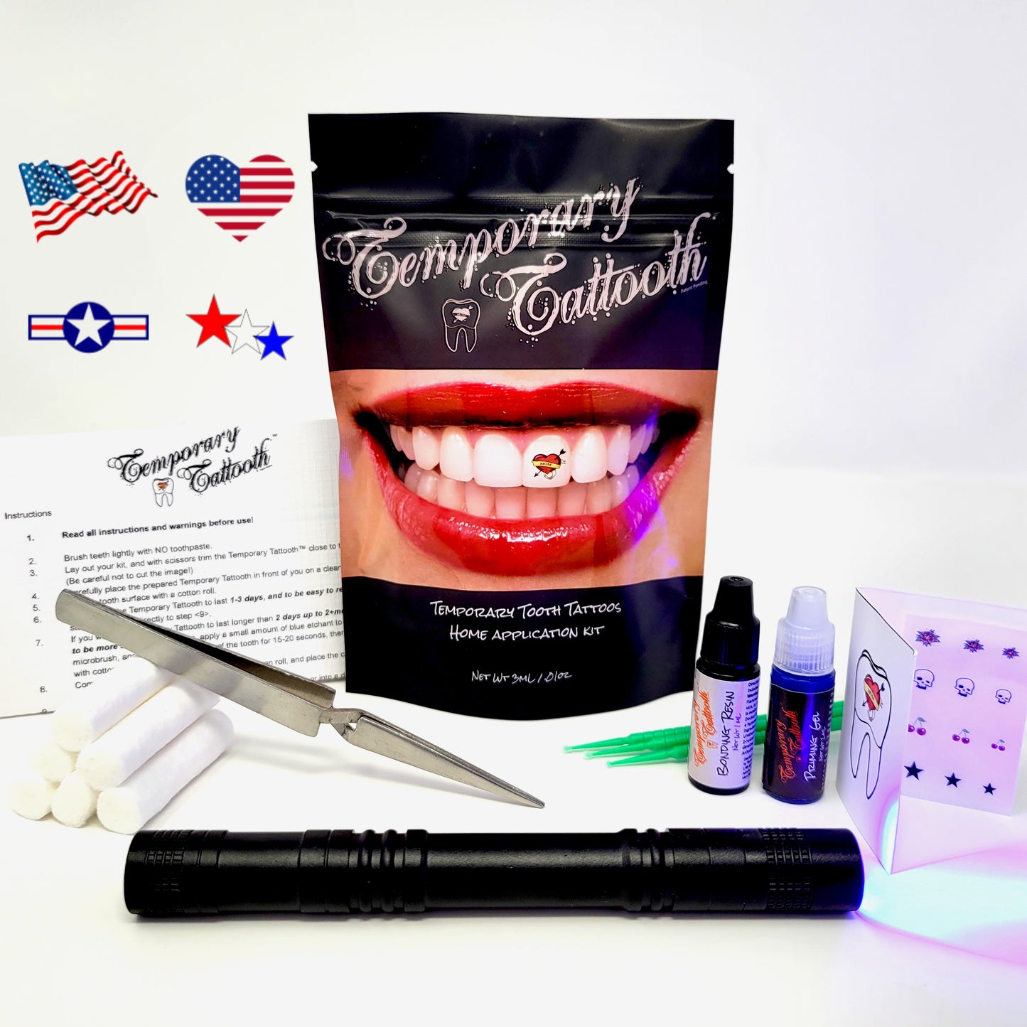 Temporary Tattooth Home Kit USA Patriotic Option. These are images that can be applied as temporary tooth tattoos with the Temporary Tattooth Home Application Kit.
