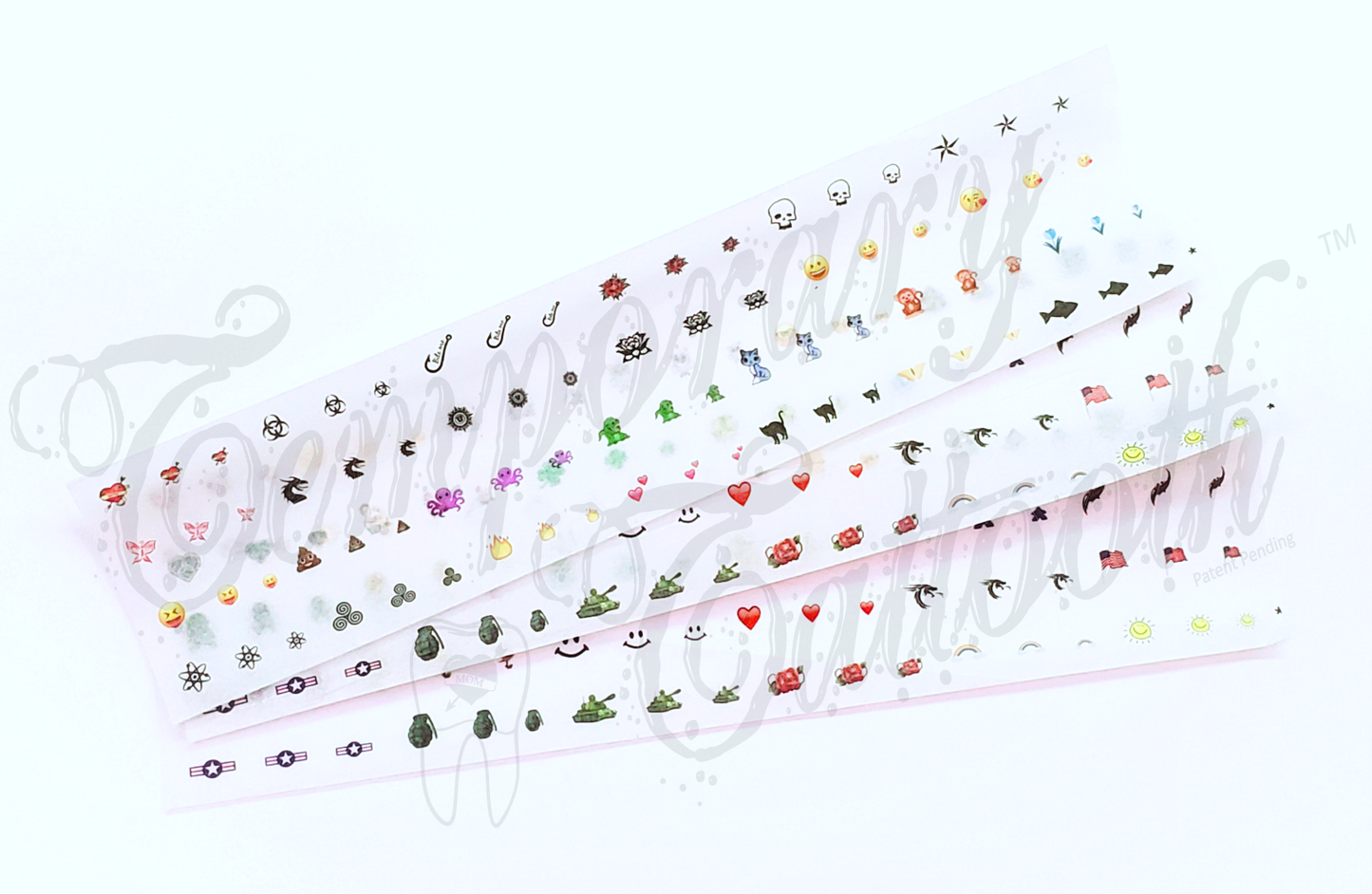   A single sheet of temporary tooth tattoos, also known as Temporary Tattooths.