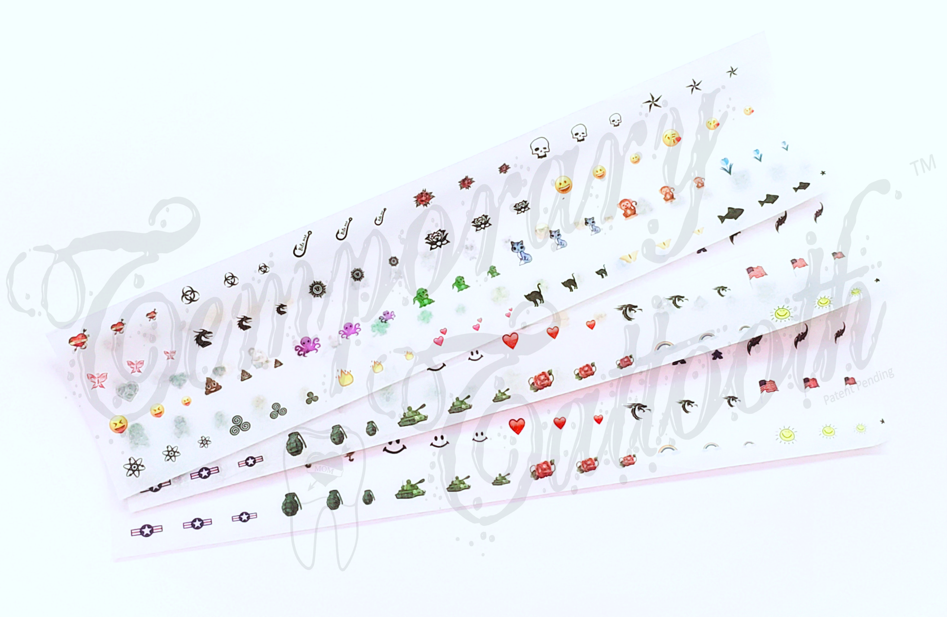   A single sheet of temporary tooth tattoos, also known as Temporary Tattooths.