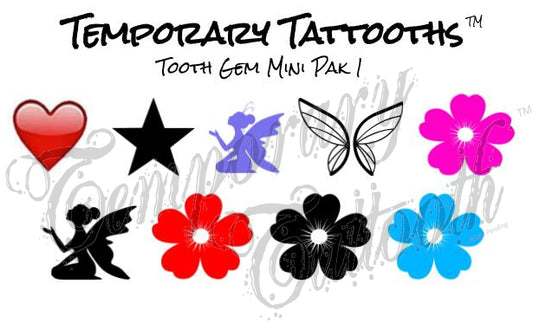 A Sheet showing Temporary Tattooth images.  They are temporary tattoos that can be applied to teeth.